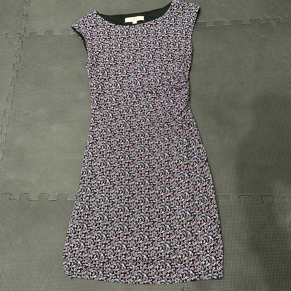 LOFT black with blue/white/pink print dress Small